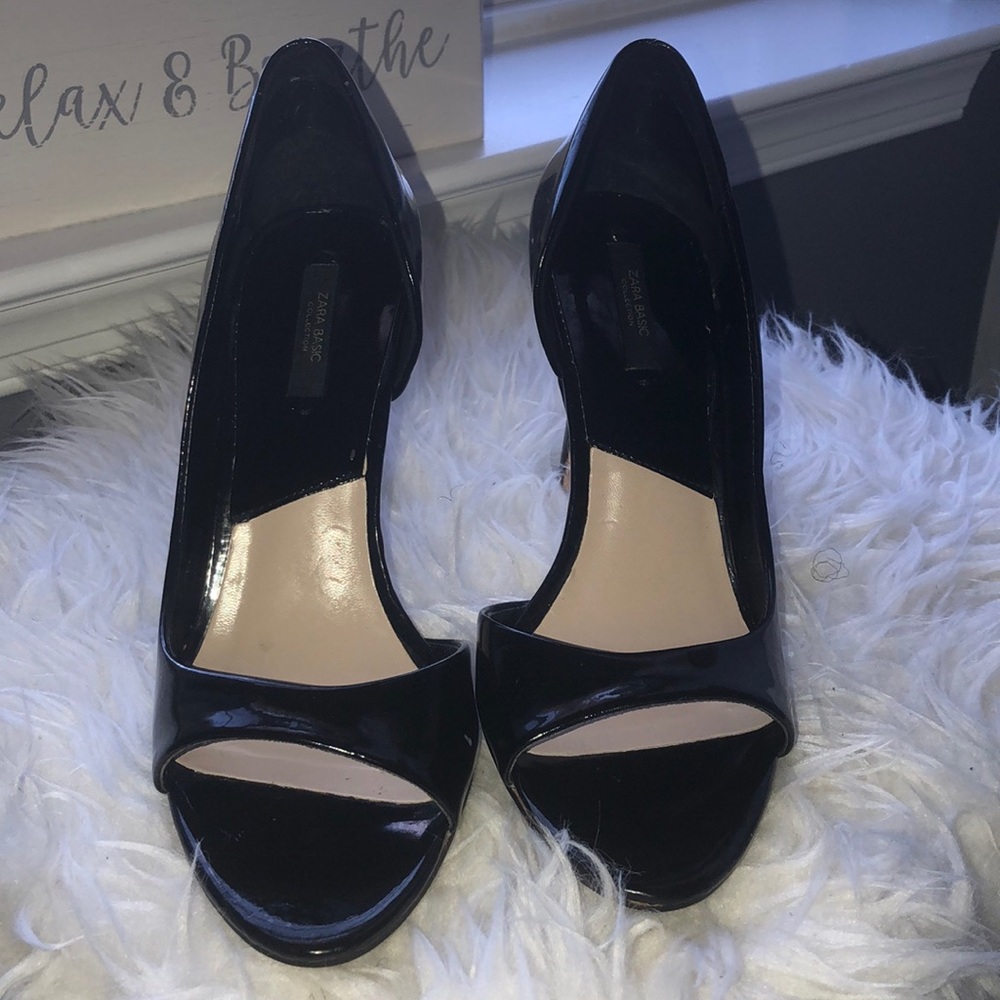Zara Open Toed Black patent Heels